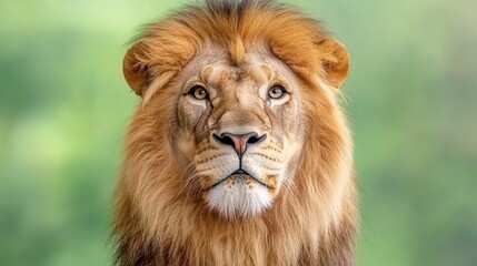 Close up portrait of a majestic male lion with a golden mane against a blurred green background. The lion's gaze is direct and intense, conveying power and regality.
