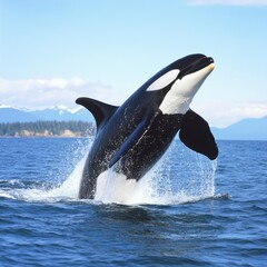 Orca whale leaping from the ocean, splashing water, with mountains and blue sky in the background.