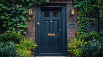 Dark blue front door with brass fixtures, brick wall, and greenery around. Great image to showcase home, architecture, design, or real estate themes.