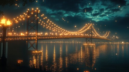 Fototapeta premium Illuminated bridge at night over water, lanterns, city lights in the distance