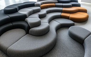 Curved Modular Seating in Grey, Black and Orange Hues. Modern Design, Textured Fabric.