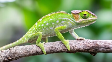 Fototapeta premium Close up of a vibrant green chameleon perched on a gray branch, set against a blurred green background. The chameleon displays intricate skin patterns and textures.