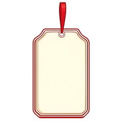 A blank cream colored tag with a red ribbon attached