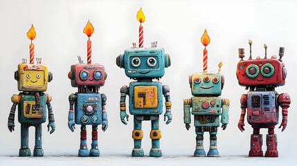 Five colorful robot characters celebrating a birthday with lit candles