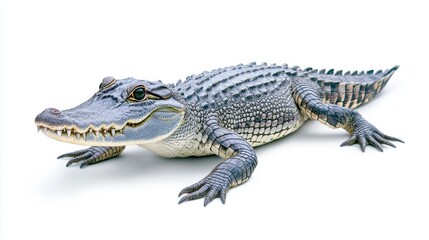 Naklejka premium A young alligator, dark gray and speckled, is seen from above against a bright white background. Its textured skin and clawed feet are visible.