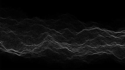 Wave of flowing particles on a dark background. Abstract backdrop with dynamic elements of waves and dots. Vector