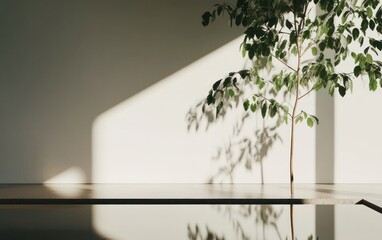 Sunlight Illuminates Minimalist Room with Small Tree and Dramatic Shadows