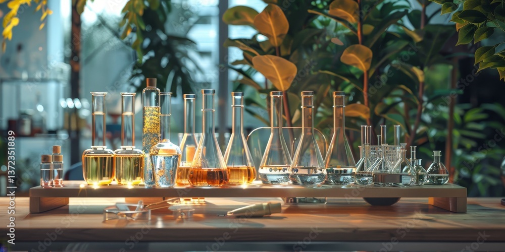 Aufkleber Scientific experiment in progress with test tubes and glassware