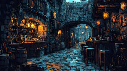 A dimly lit tavern interior with bar and stone structures