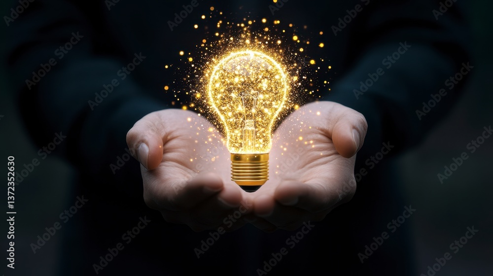 Poster close up of two hands gently cradling a glowing, golden lightbulb with sparkling particles emanating