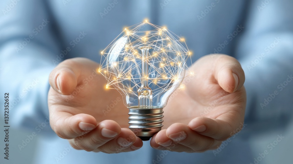 Poster close up view of two hands gently holding a glowing lightbulb with interconnected lines of light ins