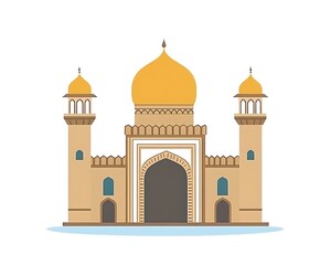 A cartoon illustration depicts a detailed Islamic building with domes