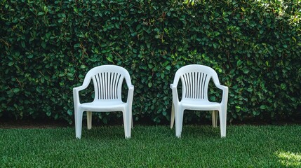 Fototapeta premium Two white plastic chairs in a grassy area