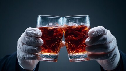 Two hands in white gloves clink glasses filled with a dark, iced beverage against a dark gray background. The image evokes a sense of cautious celebration or sterile formality.
