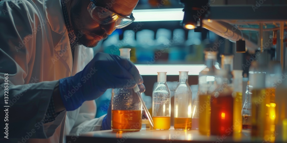 Poster scientist examining liquid samples in a laboratory flask