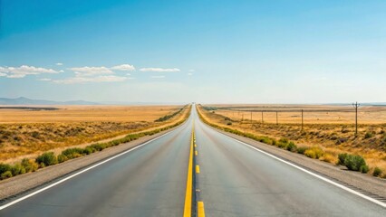 Obraz premium summer Road Trip concept Open road stretching through a vast, arid landscape under a bright blue sky.