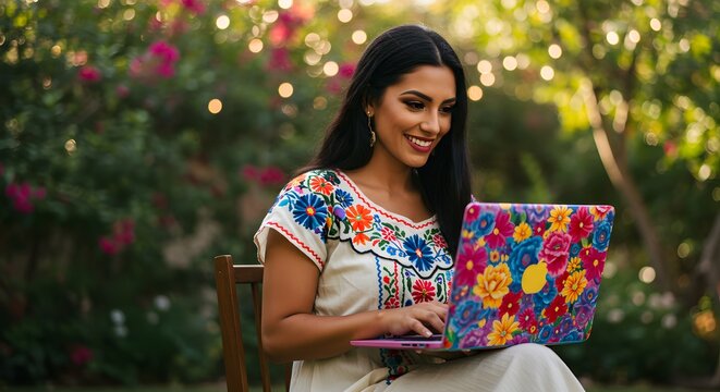 A smiling woman in vibrant embroidered clothing works on her floral laptop outdoors, bathed in warm sunlight.