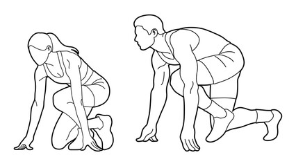 Female and Male Runner Crouch Start Outline.