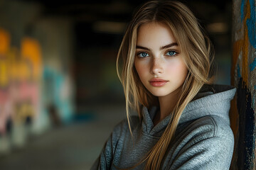 Fototapeta premium Portrait of a young woman in a gray hoodie against a colorful urban backdrop, exuding confidence and serenity