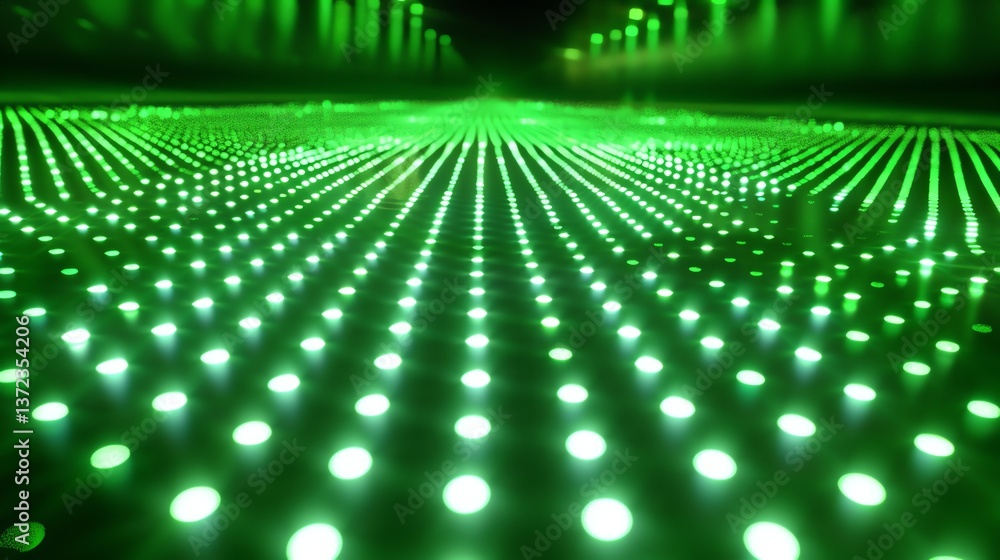 Poster glowing green dots in a dark room. the dots are arranged in a grid pattern and appear to be floating