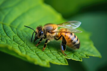 A detailed view of a honey bee resting on a vibrant green leaf.
