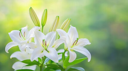 Fototapeta premium A serene display of white lilies in soft focus, highlighting their delicate petals and fresh green buds against a soothing background.