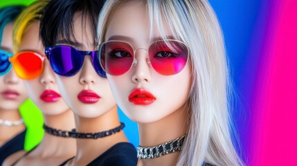 Obraz premium Four young women with vibrant makeup and trendy sunglasses pose against a colorful background. They wear black tops and chokers, exuding a bold and stylish aesthetic.