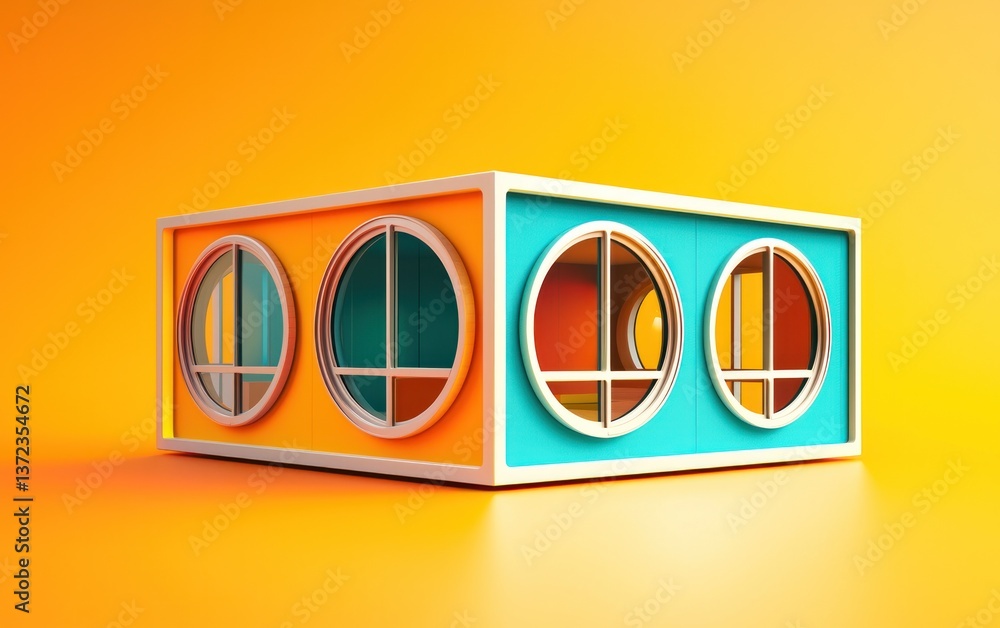 Poster abstract colorful building 3d render: teal and orange minimalist design