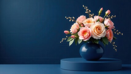 Fototapeta premium A Delicate Arrangement of Peach Roses in a Dark Blue Vase on a Circular Pedestal against a Deep Blue Background