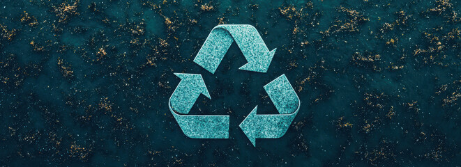 textured recycling symbol overlays dark, speckled background, emphasizing environmental awareness and sustainability