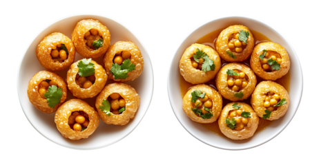 Set of Indian pani puri stuffed with chickpeas and herbs isolated on transparent background..