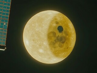 The bright moon with craters visible in space against the black background