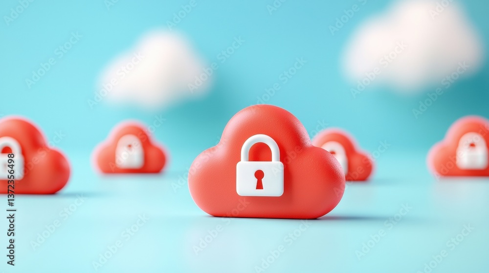 Poster a visual representation of secure cloud storage with red cloud icons featuring padlocks, set against