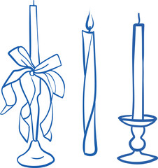 Vector hand-drawn illustration of festive candles and candlesticks with a bow