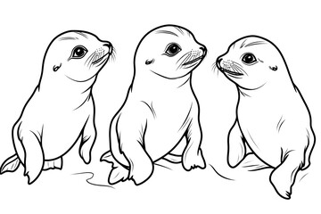 Obraz premium Three young seals looking upward depicted in a black and white outline
