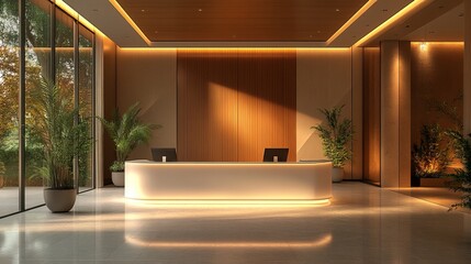 Minimalist Reception Area With Illuminated Desk, Plants And Natural Light. Modern Interior Design For Office, Lobby Or Hotel Concept.