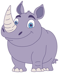 Fototapeta premium A friendly, cartoon rhinoceros stands against a black background, exhibiting a light purple hue and a charming smile. 