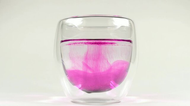 Potassium permanganate crystals are added to water, resulting in a vibrant pink solution. This demonstration showcases an intriguing chemical reaction as the crystals dissolve.