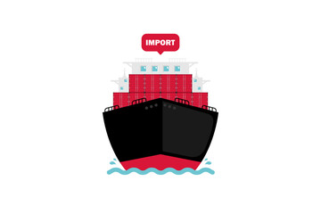 Import products, Cargo ship with containers on isolated background, Vector illustration.