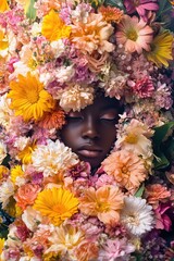 Obraz premium A figure enveloped by colorful blooms, her features hidden and indistinct.