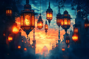 Fototapeta premium Beautiful hanging lanterns illuminate a distant cityscape against the sunset