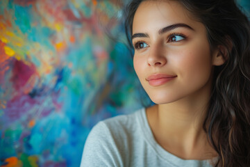 young latina woman with cerebral palsy painting with adaptive brush, colorful creative setting, focused close-up on inclusive art activity, authentic expression in community workshop.
