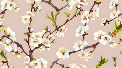 Fototapeta premium A delicate floral pattern featuring white blossoms on branches against a soft background.