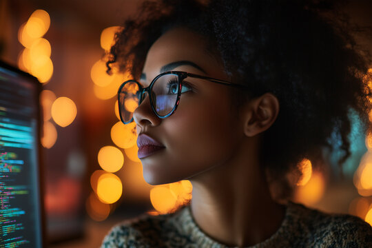 black woman with asperger’s syndrome focused on coding, dual monitors, modern startup office, close-up expression of inclusion, visible neurodiversity in tech space, empowering presence.