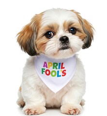 A little playful Shih Tzu wearing a tiny April Fools bandana isolated on white background
