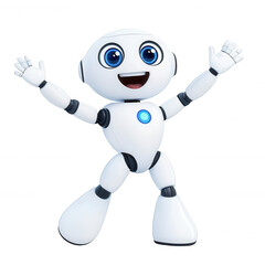 Fototapeta premium A cheerful cartoon robot character with expressive eyes and an inviting pose. Perfect for illustrating themes of innovation, creativity, and technology in various projects.