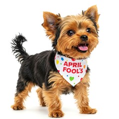 A little playful Yorkshire Terrier wearing a tiny April Fools bandana isolated on white background