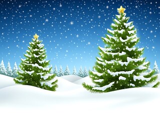 Obraz premium Festive snow covered evergreen trees illuminated under a starry night sky