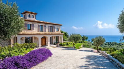 Obraz premium Luxurious villa with lavender garden overlooking the sea