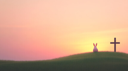 Easter Minimalism: Rabbit & Cross Silhouette on Pastel Gradient BG for Web & Print.Generative AI
